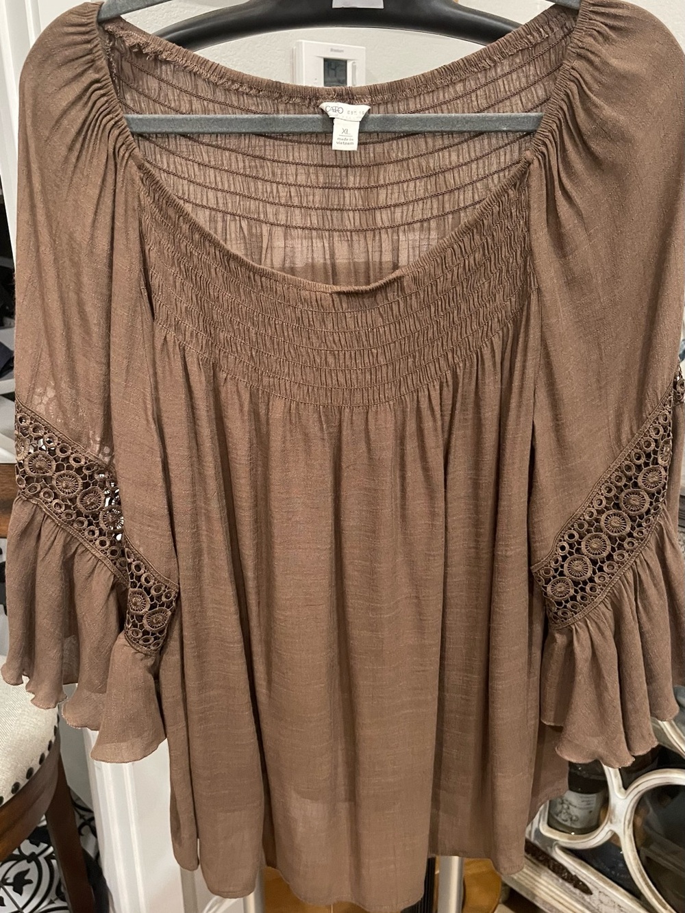 Cato Brown Boho Peasant Tunic with Crochet Sleeve Detail